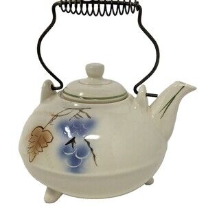 California Pottery Teapot Vintage 3 Toed Handpainted Fruit Metal Coil Handle USA